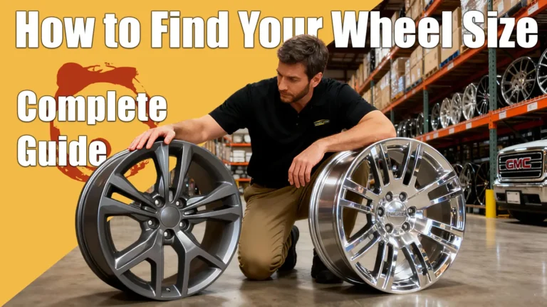 Rims salesman comparing two OEM wheel sizes in a warehouse – how to find your wheel size